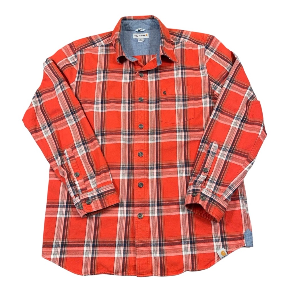 Carhartt Flannel Plaid Button Up Shirt Mens Medium Orange Red Slim Fit